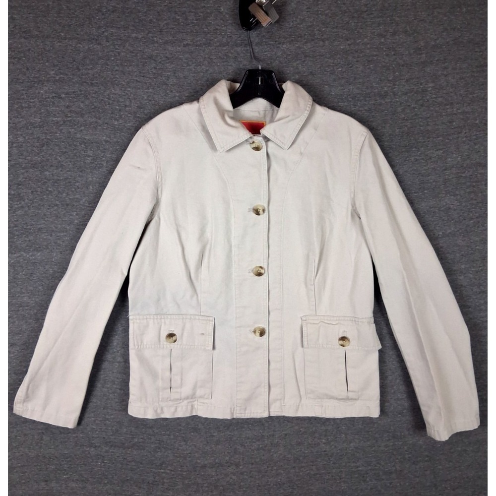 Issac Mizrahi‎ Womens Jacket Medium Cream Canvas Chore Coat Casual Preppy